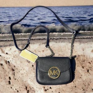 Michael Kors FULTON BLACK PEBBLED LEATHER+GOLD CHAIN,FLAP,CROSSBODY,SHOULDER BAG